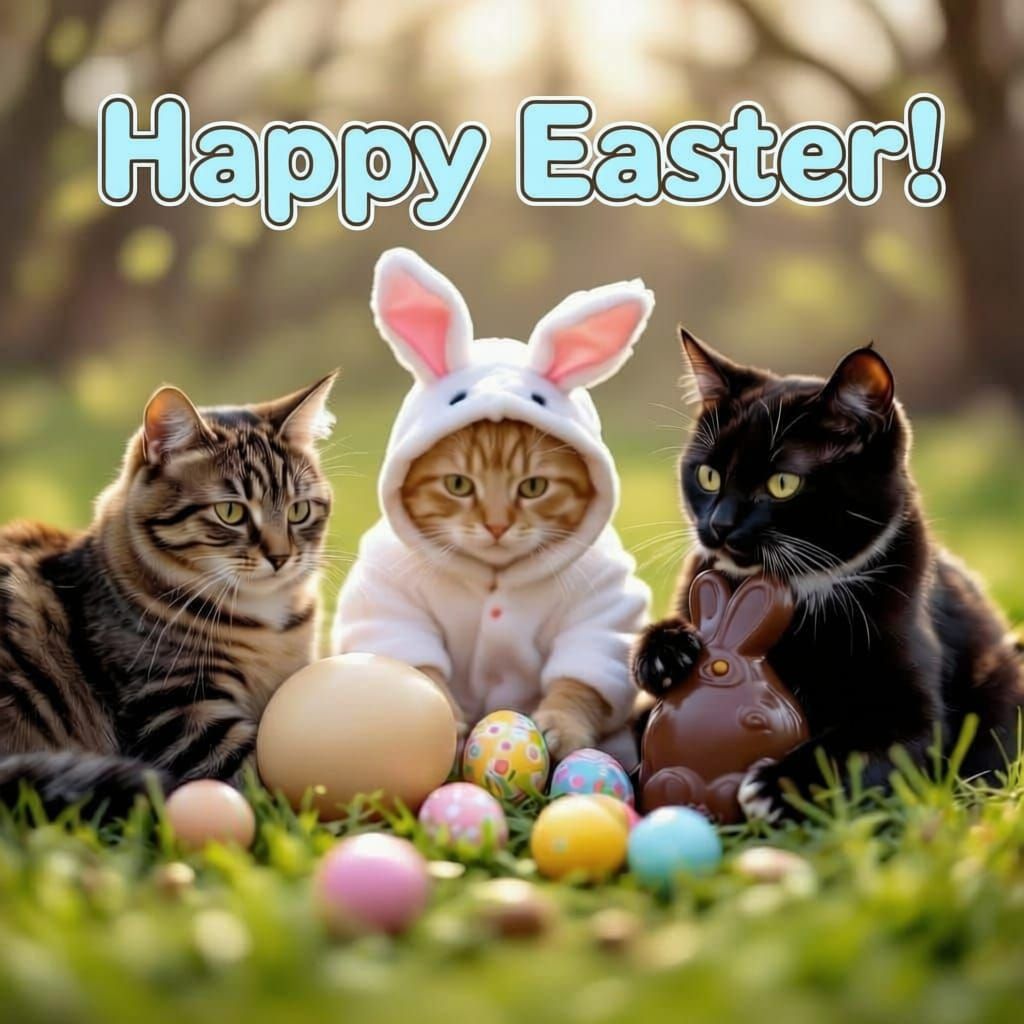 Photorealistic style; three cats: one tabby, one marmalade and one black cat, hunting for easter eggs on Easter Sunday morning. The cat on t...