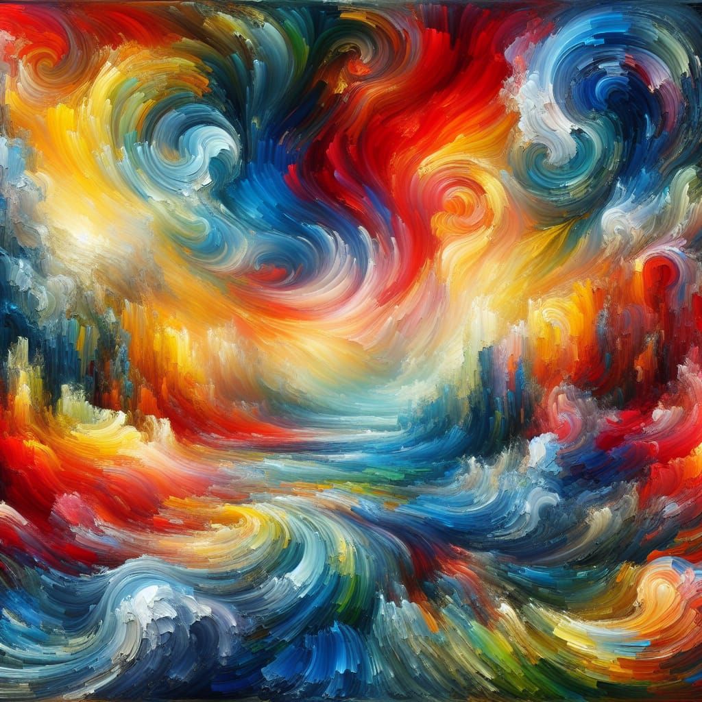 Bold, swirling colors of red, blue, yellow, and green domina...