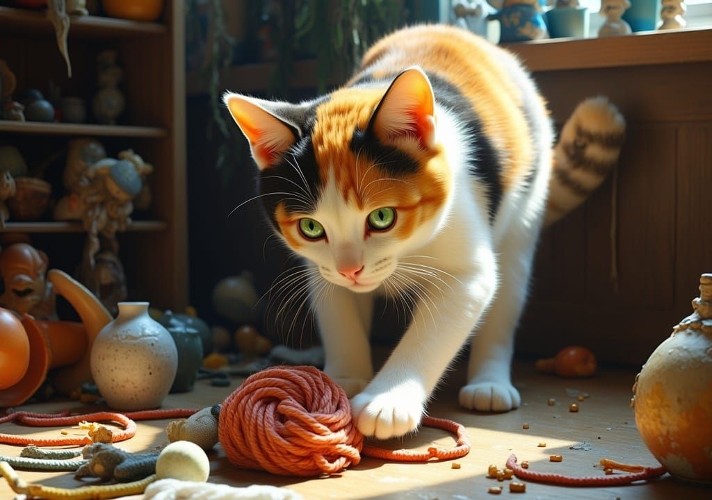 hyperdetailed image of a calico cat playing with a yarn in a household setting, ornaments, messy floor, in the style of <lora:Double Detaile...