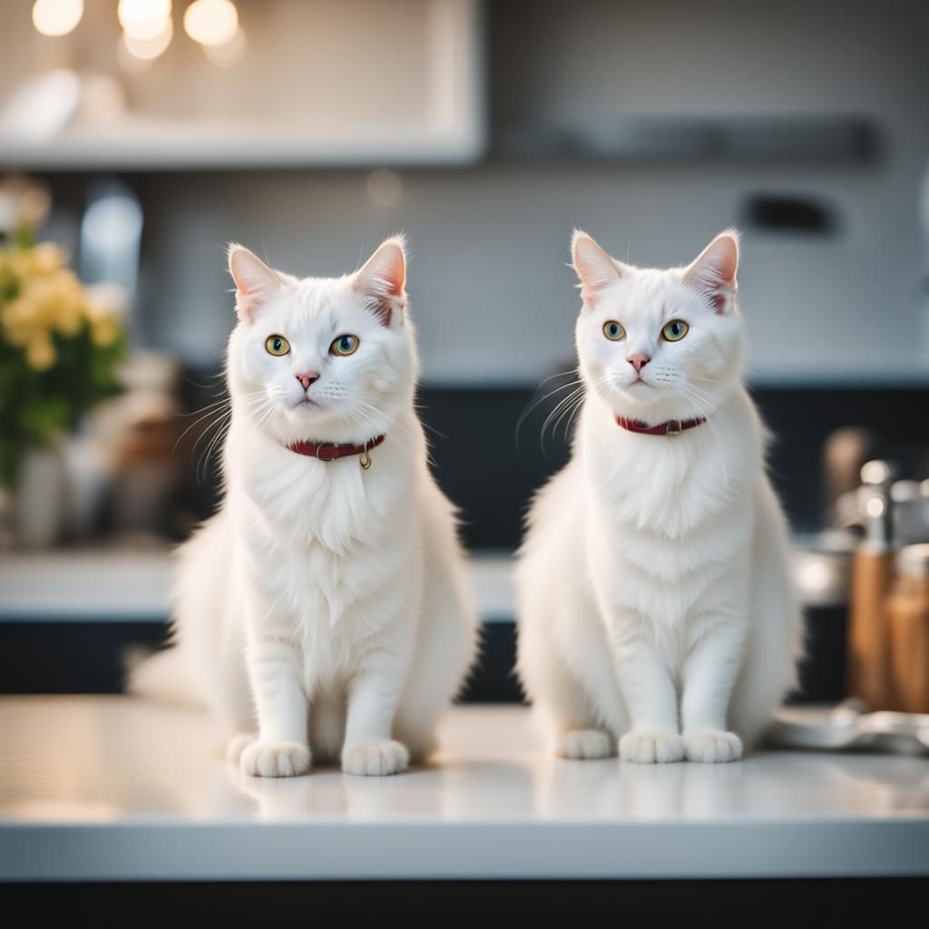 There are 2 white cat sitting on the counter.