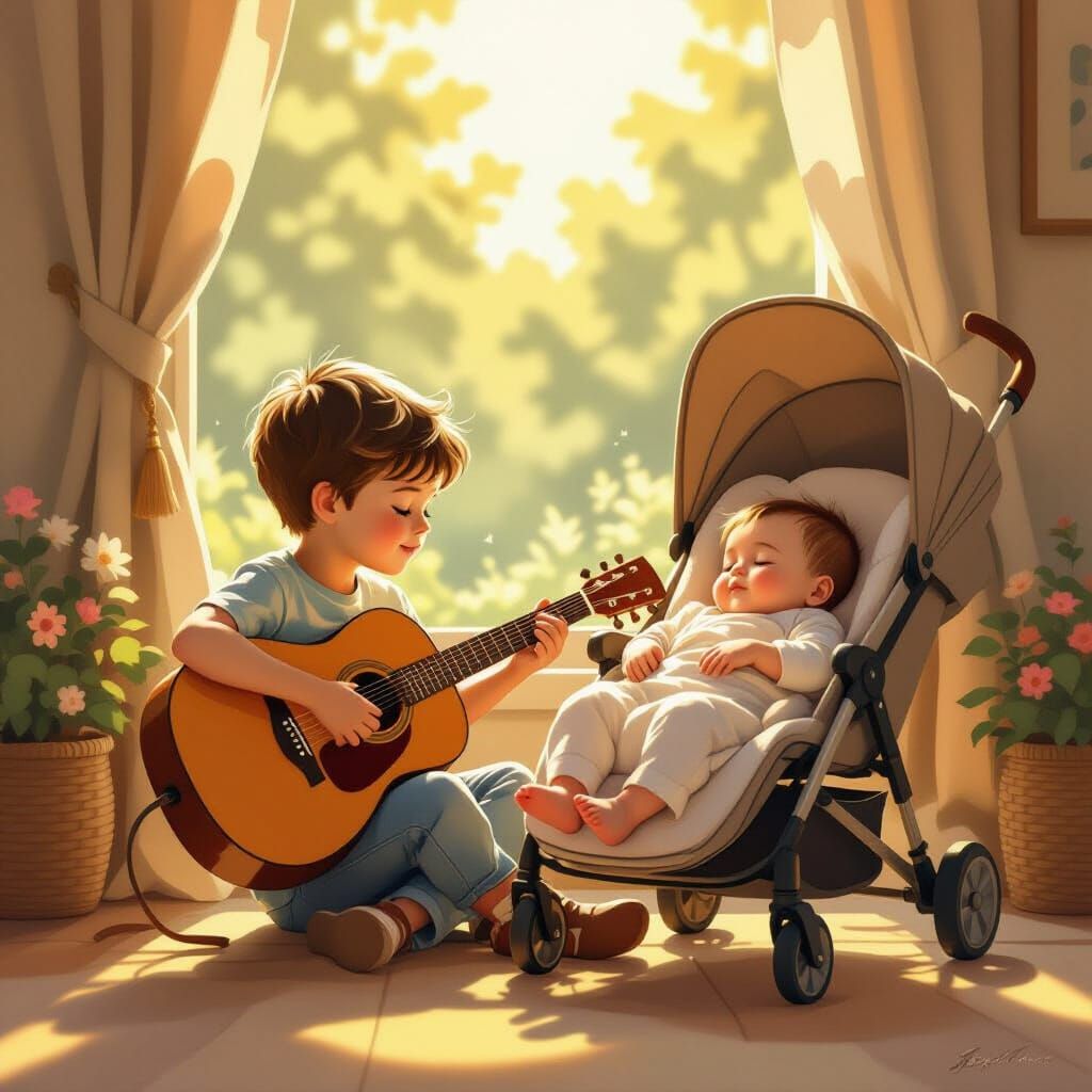 Boy Plays Guitar Beside Sleeping Baby in Warm Sunlight