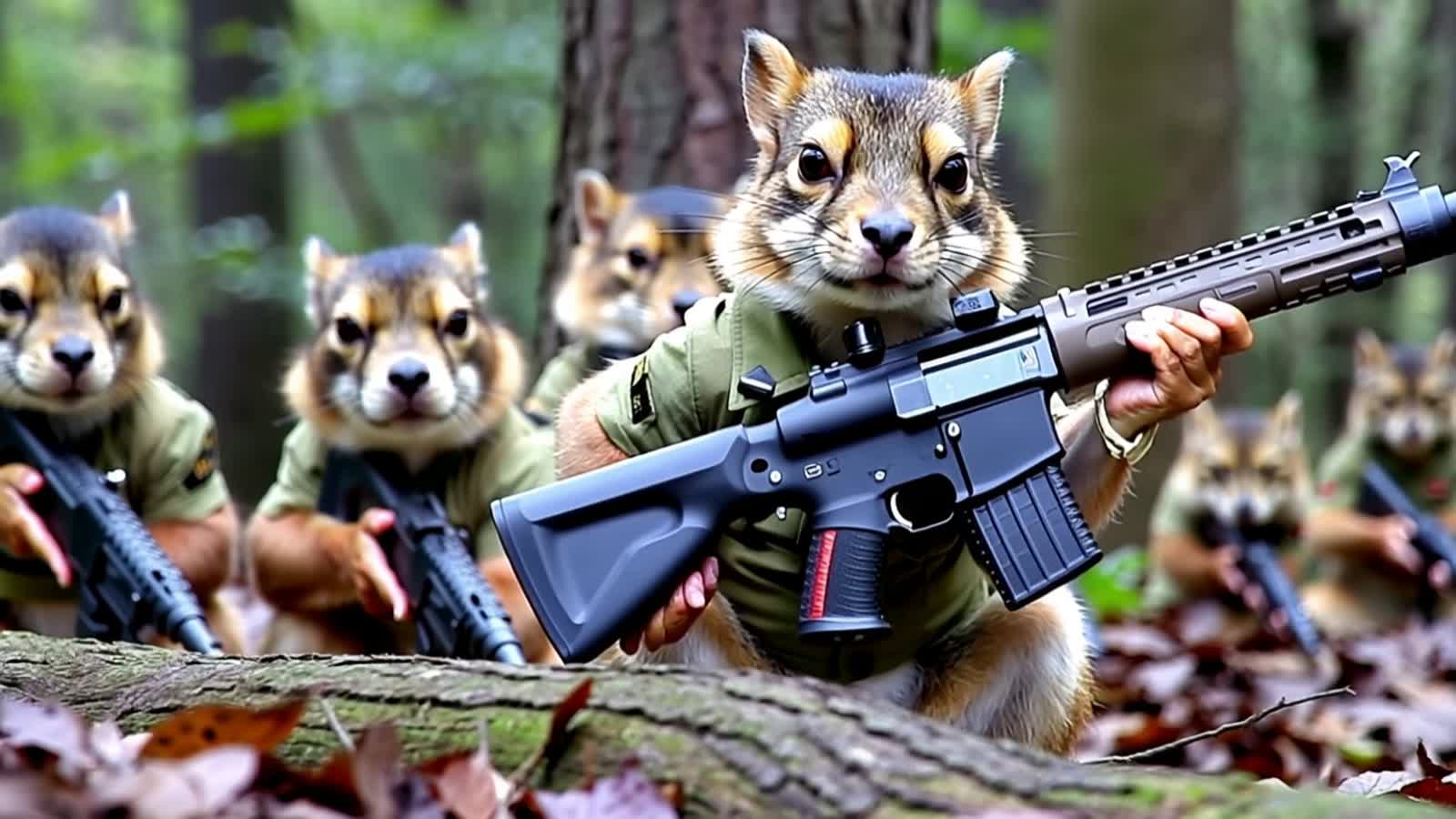 chipmunk  holding an AR rifle in front of a chipmunk army lifting the gun to fire it
