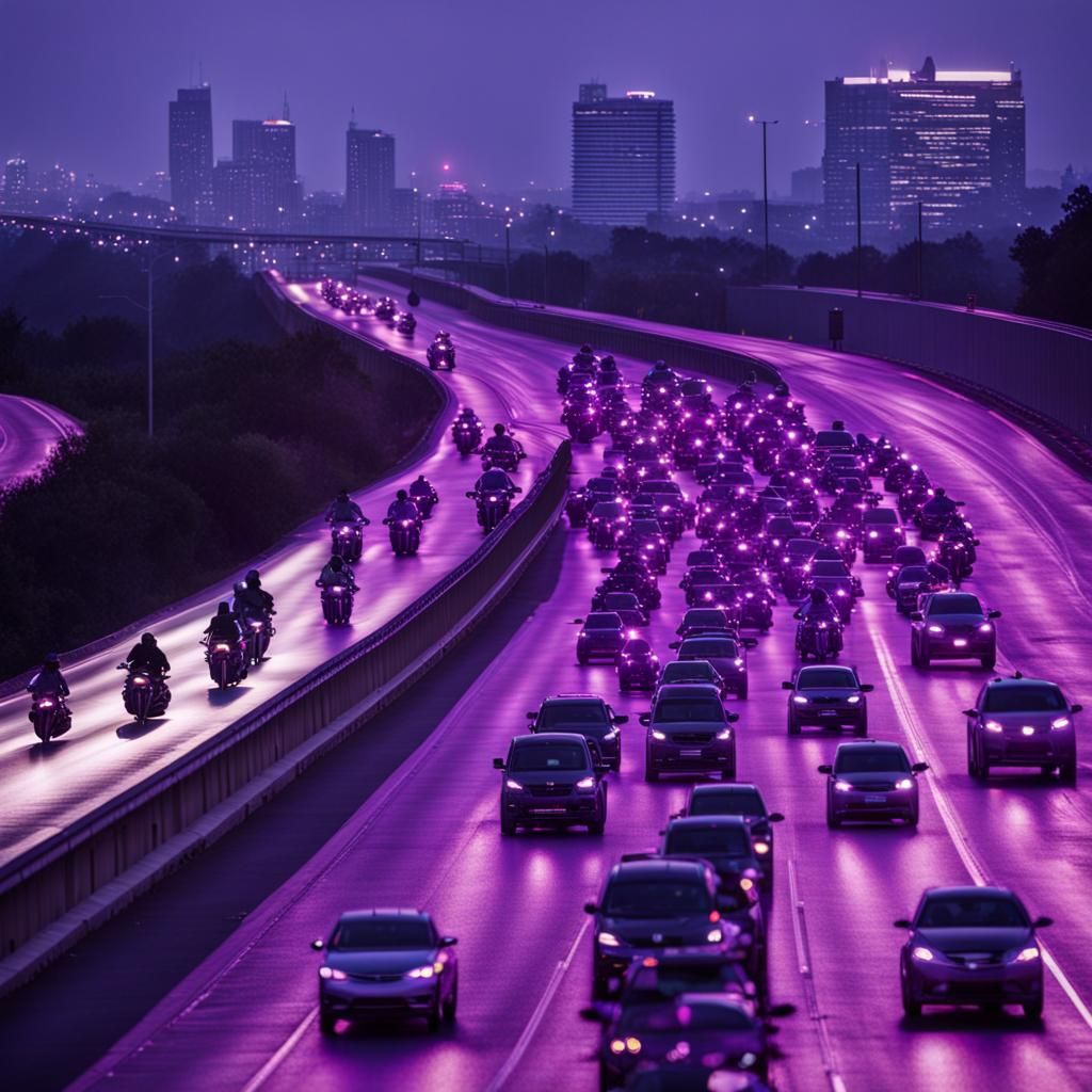 Scene in all purple motorcycles going down highway, intense ...