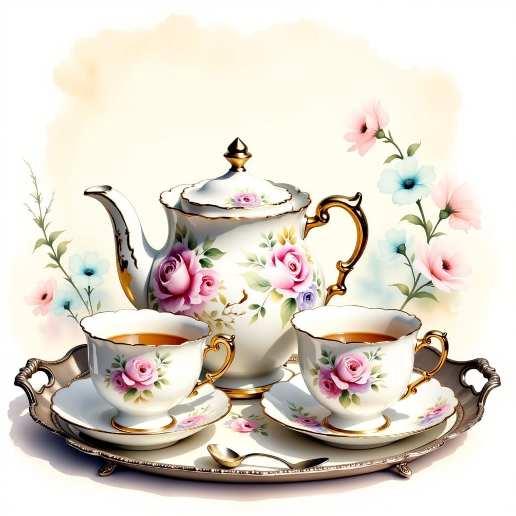 Antique porcelain tea set on a tray