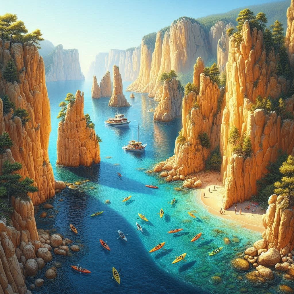 "Golden Cliffs and Turquoise Dreams"