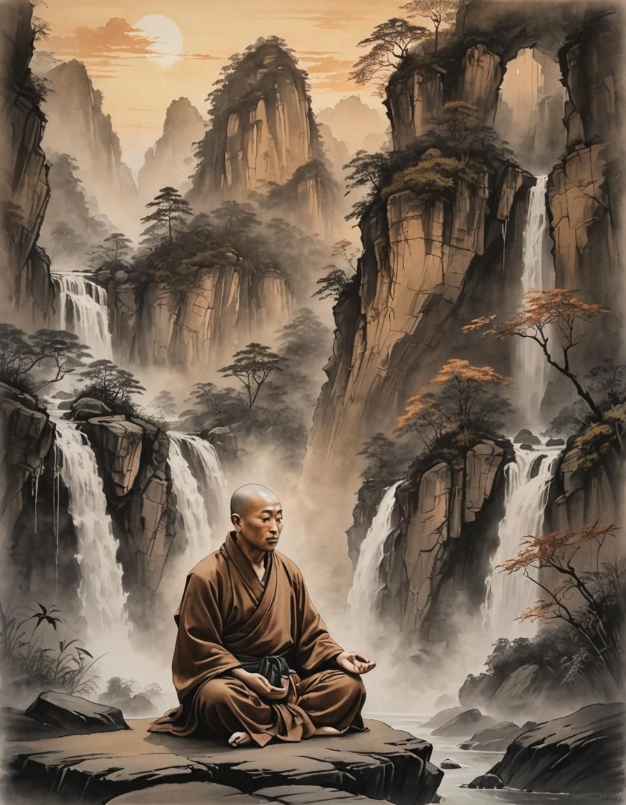 Sumi-e painting of a monk meditating near a waterfall at sunrise