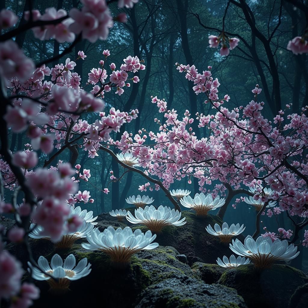 in stargazing platform trapped in cherry blossoms mycelium network, in warped perspective with forest ...  by @Joy K