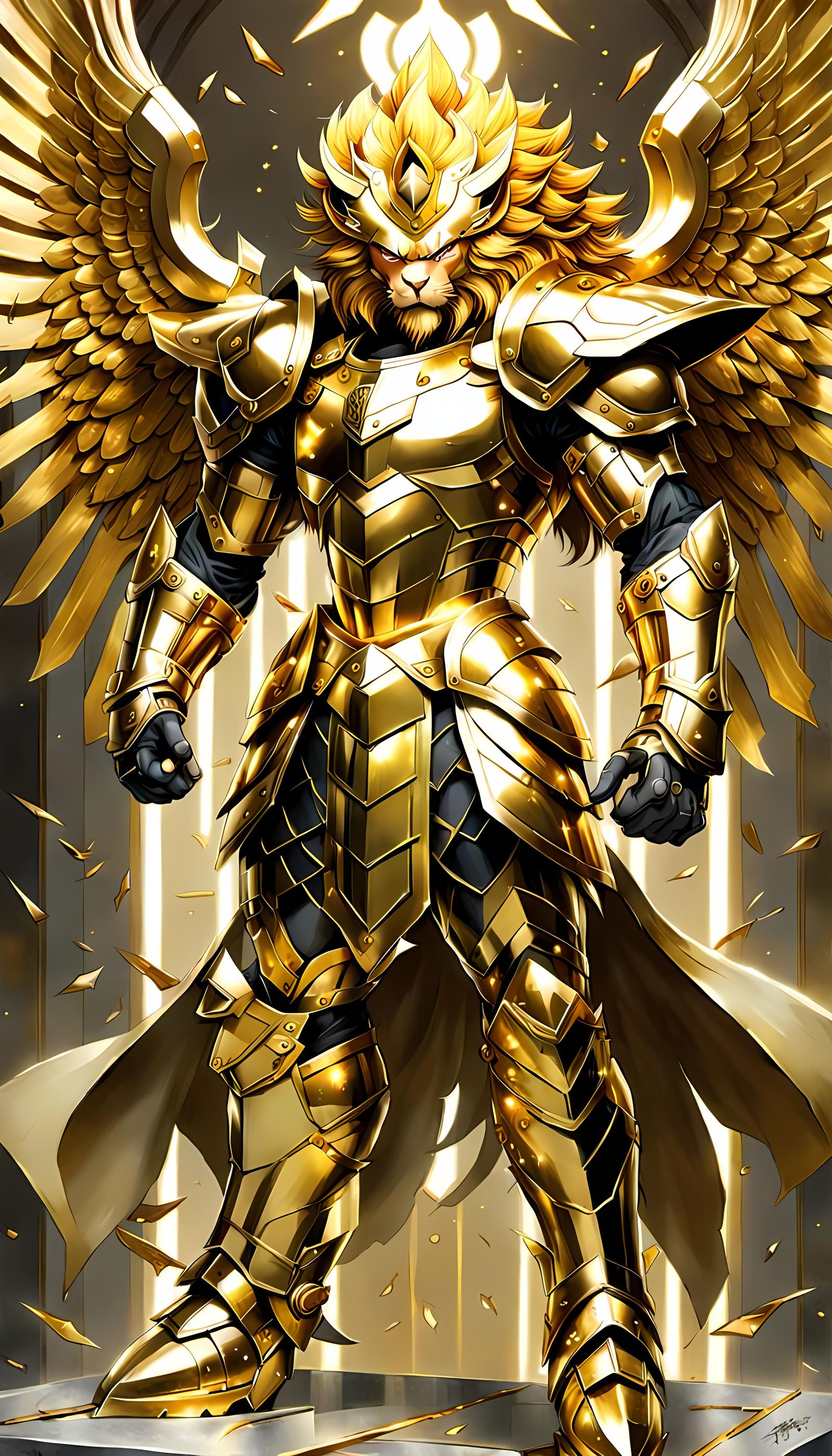 Winged armored saiyan lion clad in golden armor, by (masami kurumada:1. ...