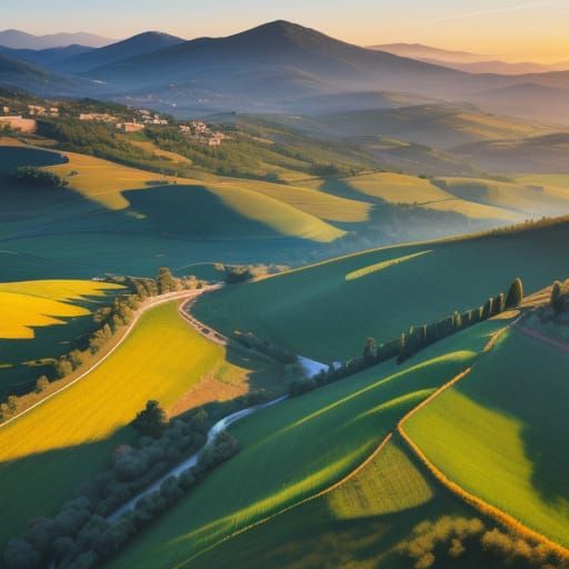 Italian Landscape Aerial View in Oil Painting Style