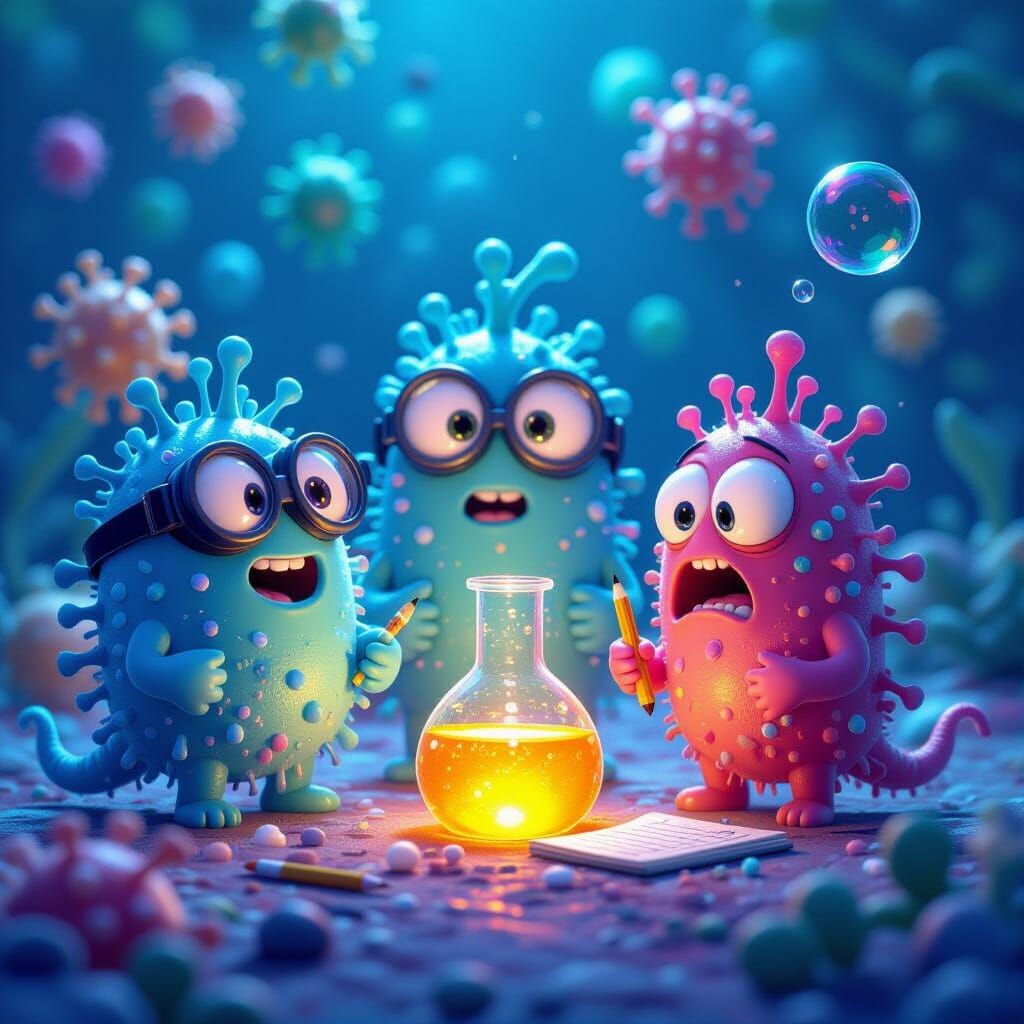 A colorful microscopic scene where goofy cartoon microbes gather around a tiny glowing beaker. One germ wears goggles far too big for its bo...