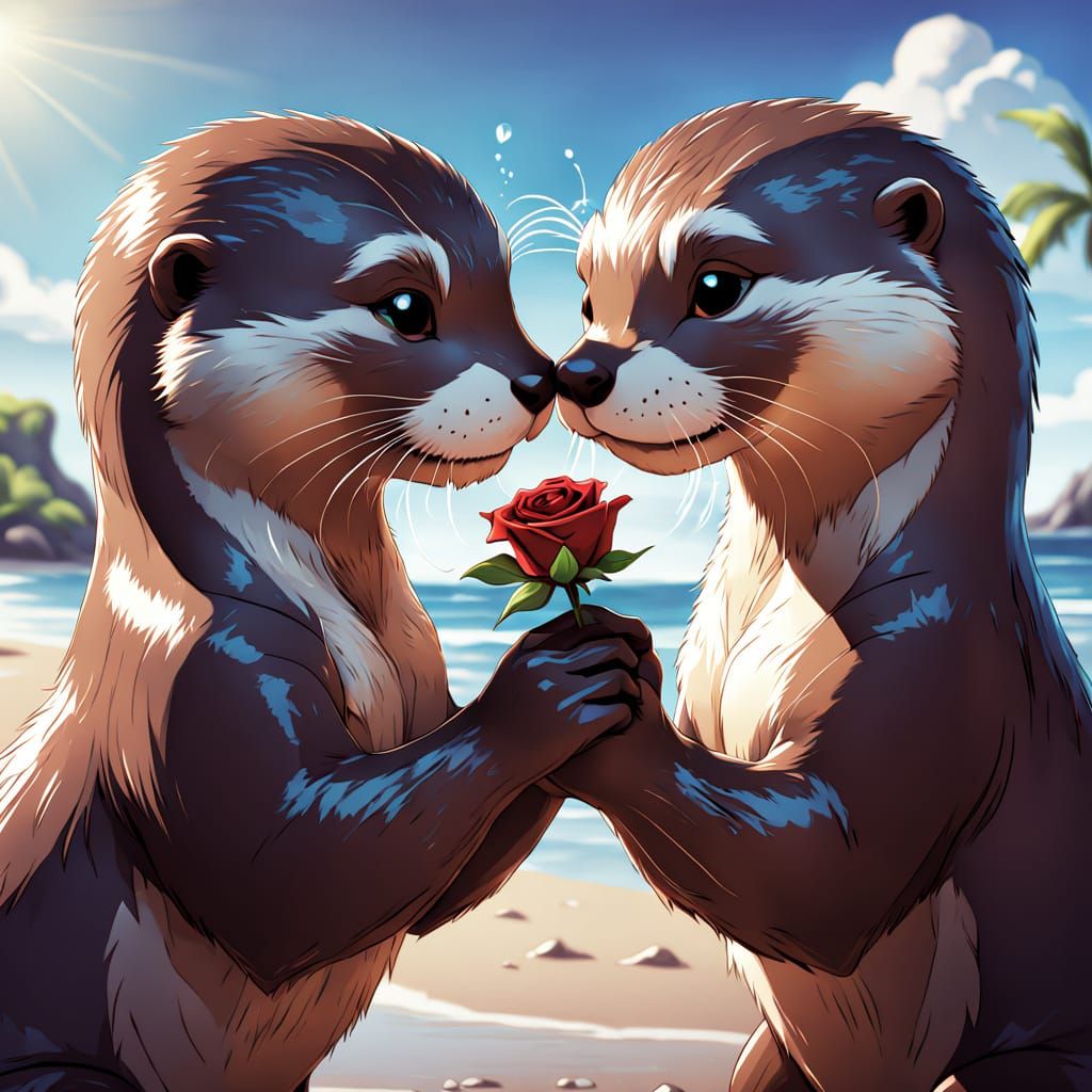 Photo of a two cartoon otters nose to nose in love on the beach together holding a rose, splashing water ...  by @jnatas