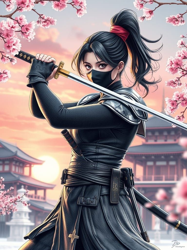 Japanese Warrior Woman With Katana At Sunset