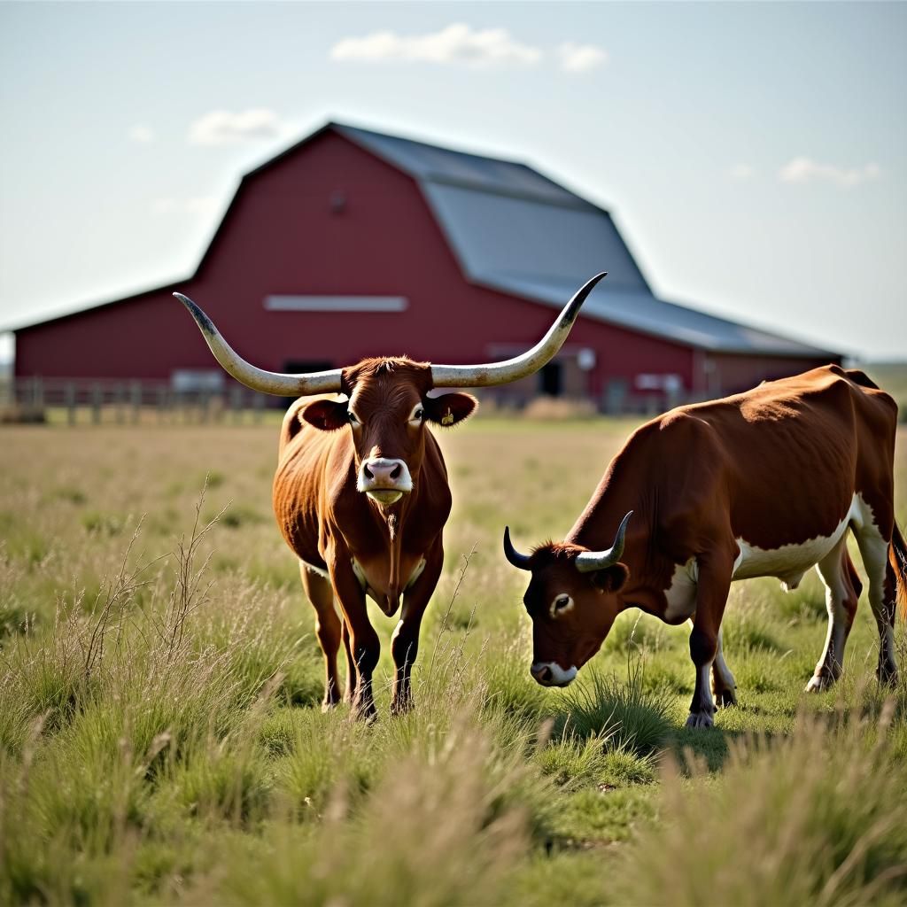 Texas longhorn cattle eating grass near a red barn on a ranch.