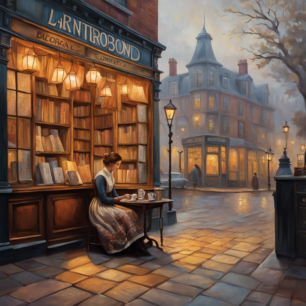 Victorian Woman at Vintage Bookshop: Oil Painting
