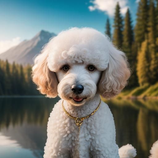 📸🐩🏞️ Craft a lifelike portrayal of a White Poodle 🐩 with...