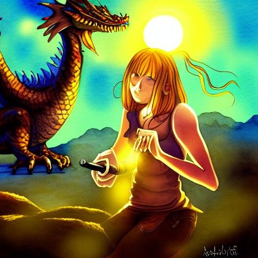 Stoned girl fighting a bong smoking dragon.