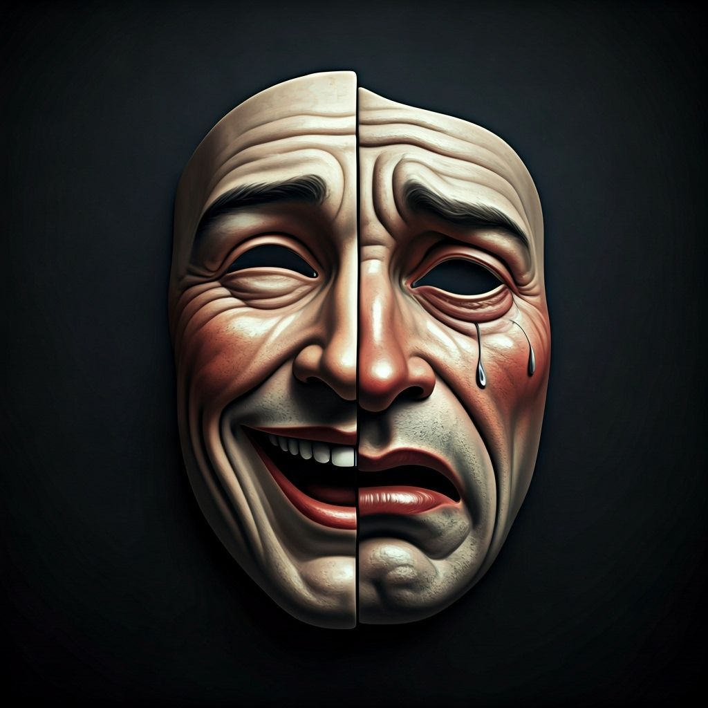 A porcelain mask split vertically—left side is a laughing theater comedy face, right side is a weeping ...  by @tarek