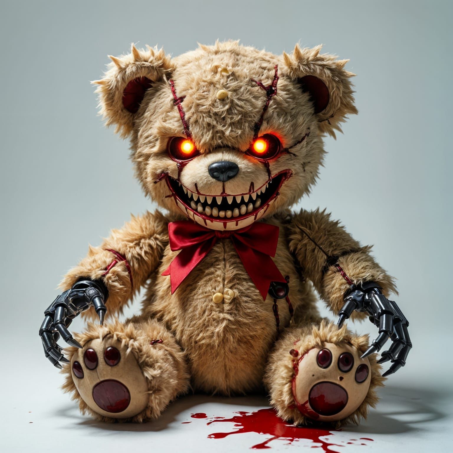 A torn teddy smiles with razor teeth.
Its button eyes glow with cursed energy.
Blood-stained fur hides ...  by @KomBib