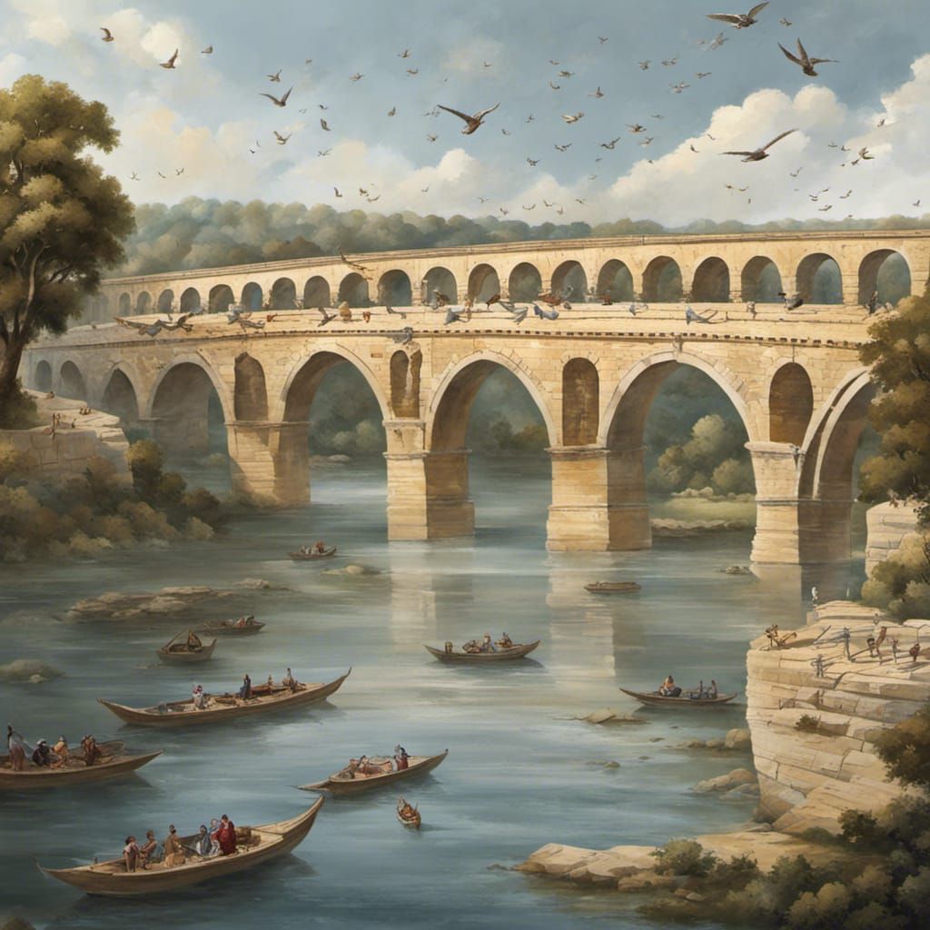 A vast arched bridge over a wide fast flowing river, small boats on, bridge intricate design in pont ...  by @Sullivan-Shaw