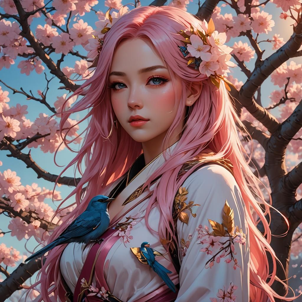 Anime Girl with Sakura Trees and Bird