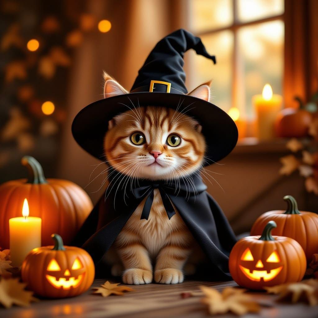 A cute orange cat dressed as a little witch for Halloween.  by @Nutti3ism