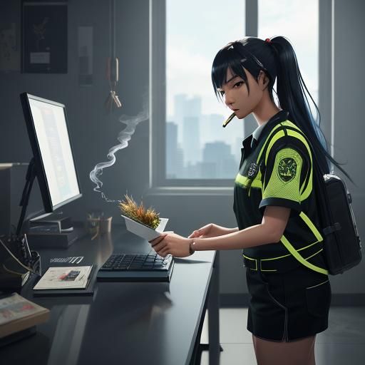 A young female custodian is smoking weed at work. The theme ...