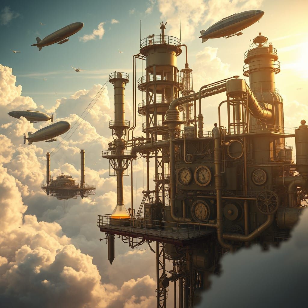 Steampunk honey factory in the clouds. Wide shot. Intricate machinery processes honey, dirigibles float among the clouds, gears and pipes gl...