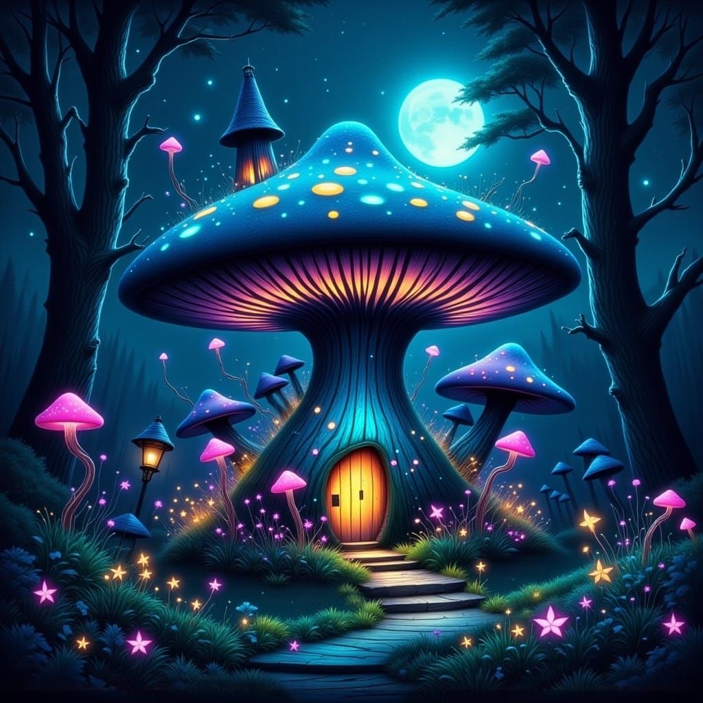 A fairy mushroom house in an enchanted bioluminescent forest. in the style of <lora:Flux Hyperreal:1.3>