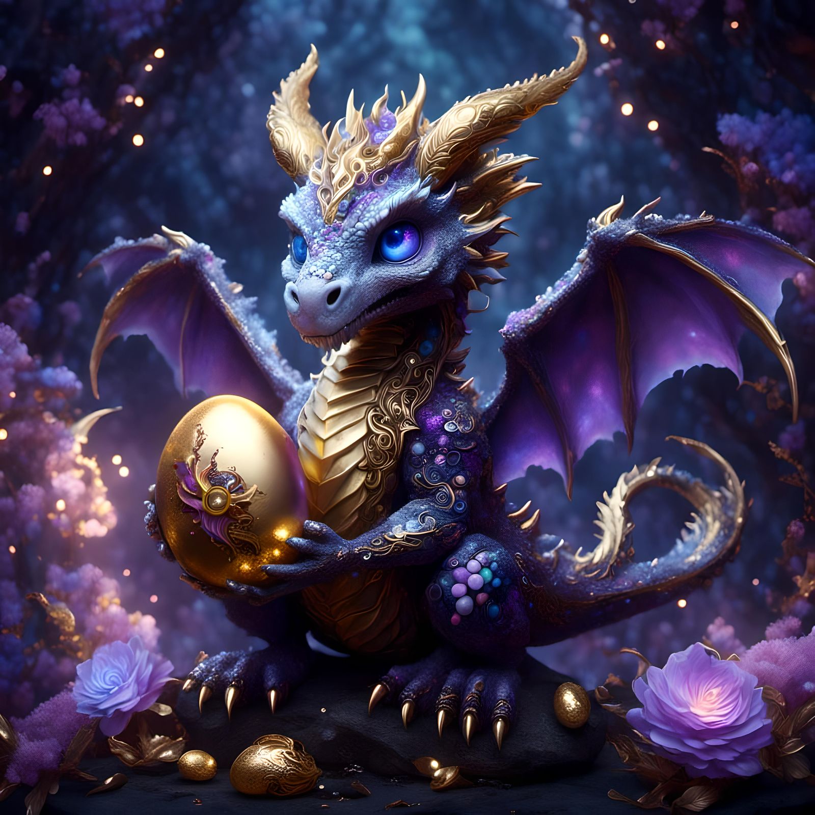 A cute little pastel dragon holds a golden egg, big violet eyes, shi, smoky background, sitting top a jeweled skull <lor...