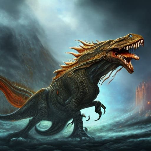 A scene from the opera Die Walküre with a Tyrannosaurus Rex ...