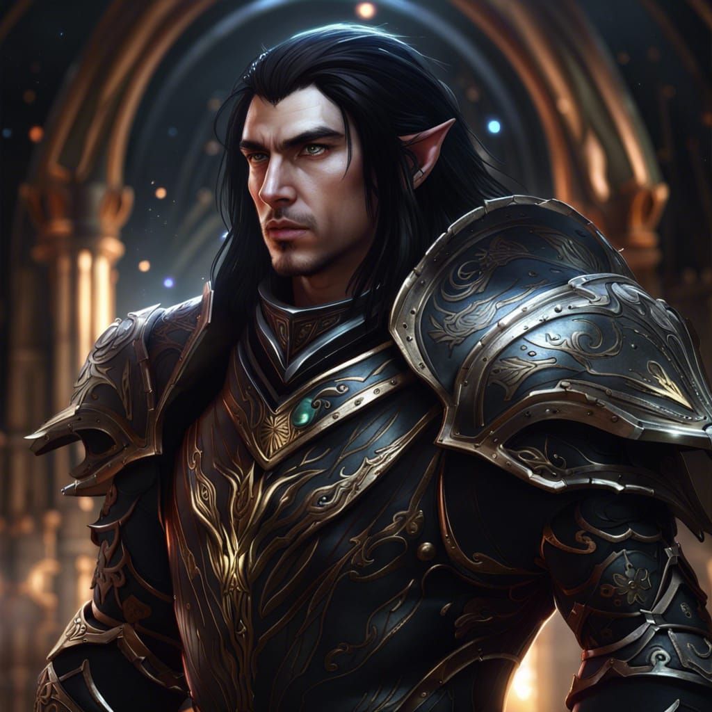 Portrait of Male elf Paladin in dark plate armor, no helmet, flowing ...