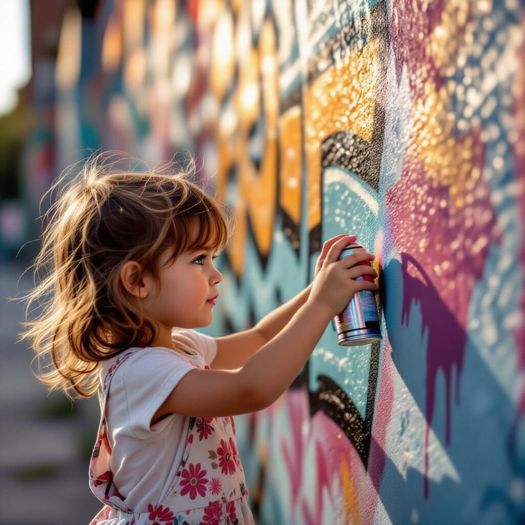 Little Girl Spray Painting Wall with Realistic Light and Sha...