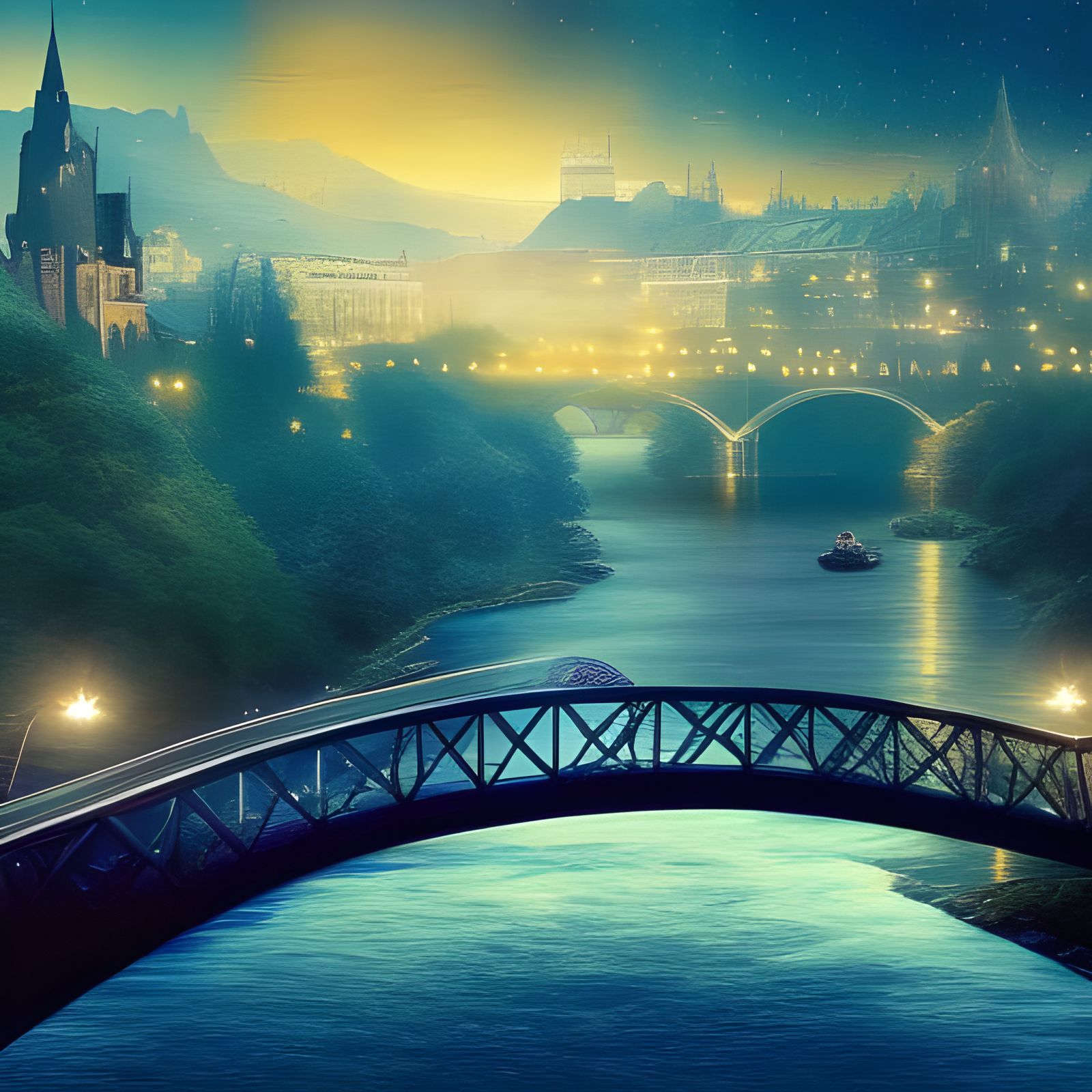 Night Bridge Over Blue River: Detailed Matte Painting