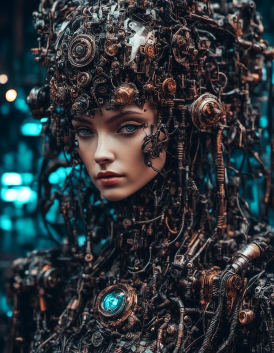 <lora:Alien Complex:1.0><lora:Mechanics:1.0>  a Beautiful Cyberpunk robot , neon incomplete  , broken , big beautiful eyes, vibrant 80s colo...
