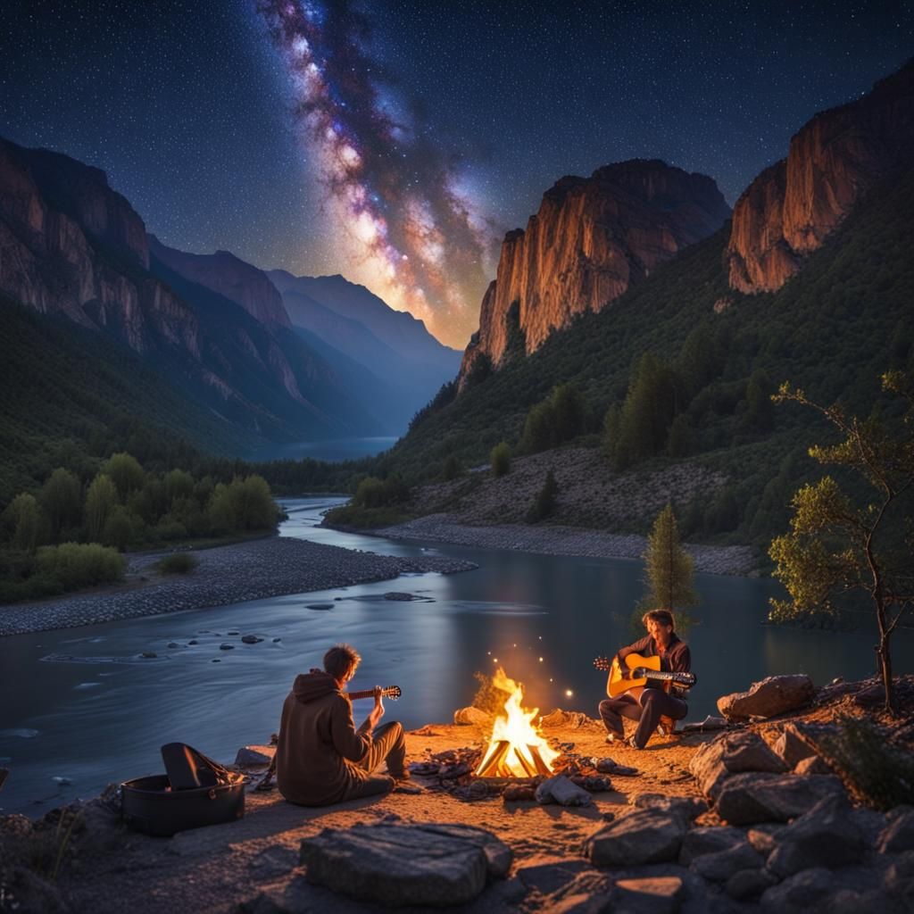 Superb campsite on the edge of a mountain river, starry sky,...