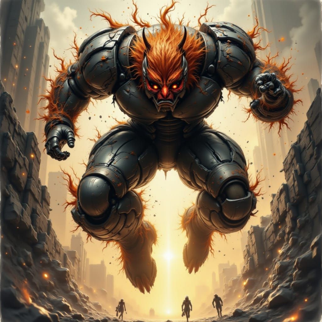 <lora:Action and Motion:1.0><Action-Motion>hairy bionic warrior robot leaping from a building down to the ground