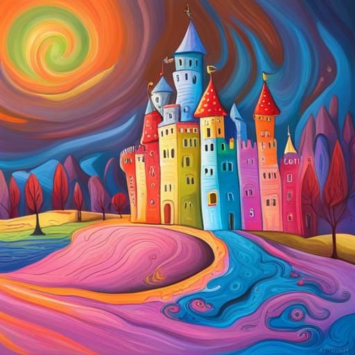 Castle made from vibrant colours Candyland wonderland gouach...