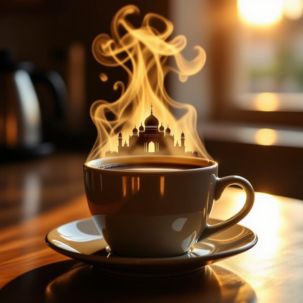 Steaming Coffee Cup Forms Palace Silhouette, Photorealistic