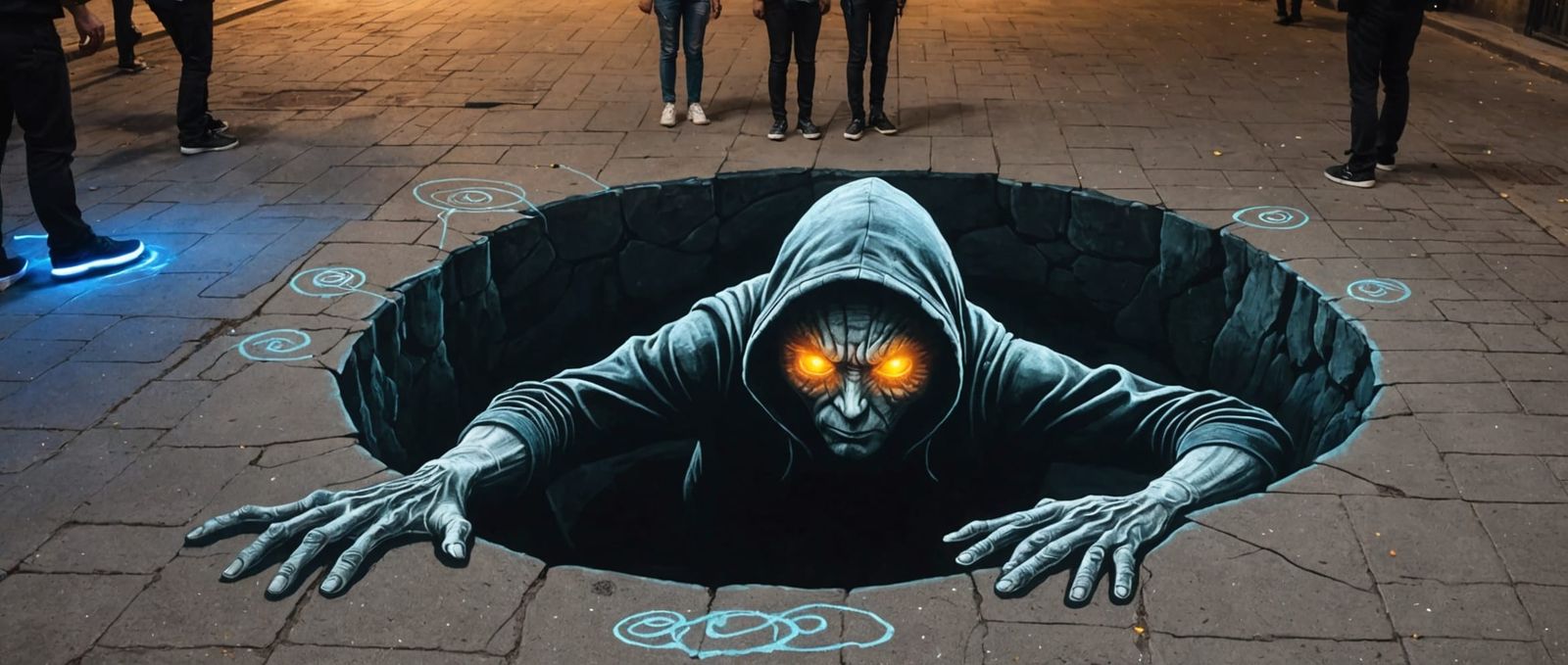 A street artist creating a drawing on the ground that looks like cave with glowing eyes peeking out of ...  by @Jack-Mike