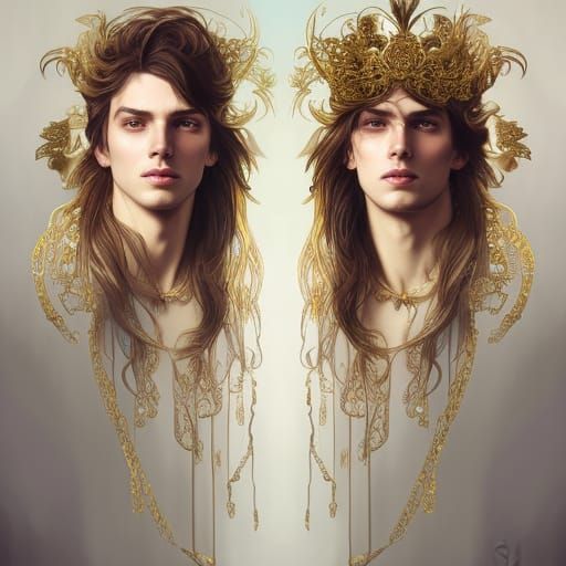 Royal regal Angelic males model long hair gold accessories a...