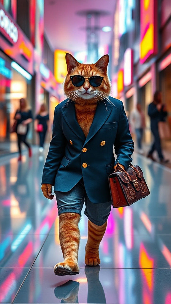 "A stylish ginger cat walking confidently in a modern shoppi...