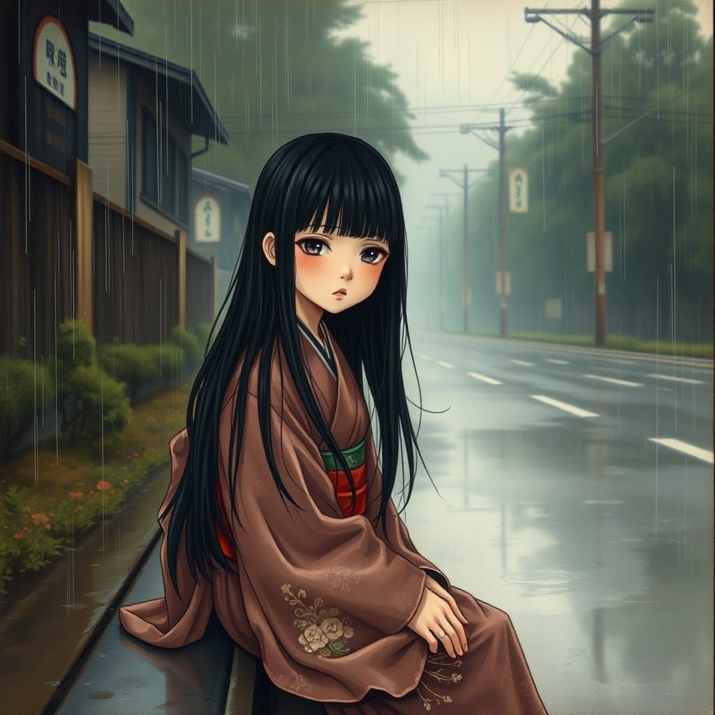Melancholic Girl in Kimono: Ukiyo-e Style