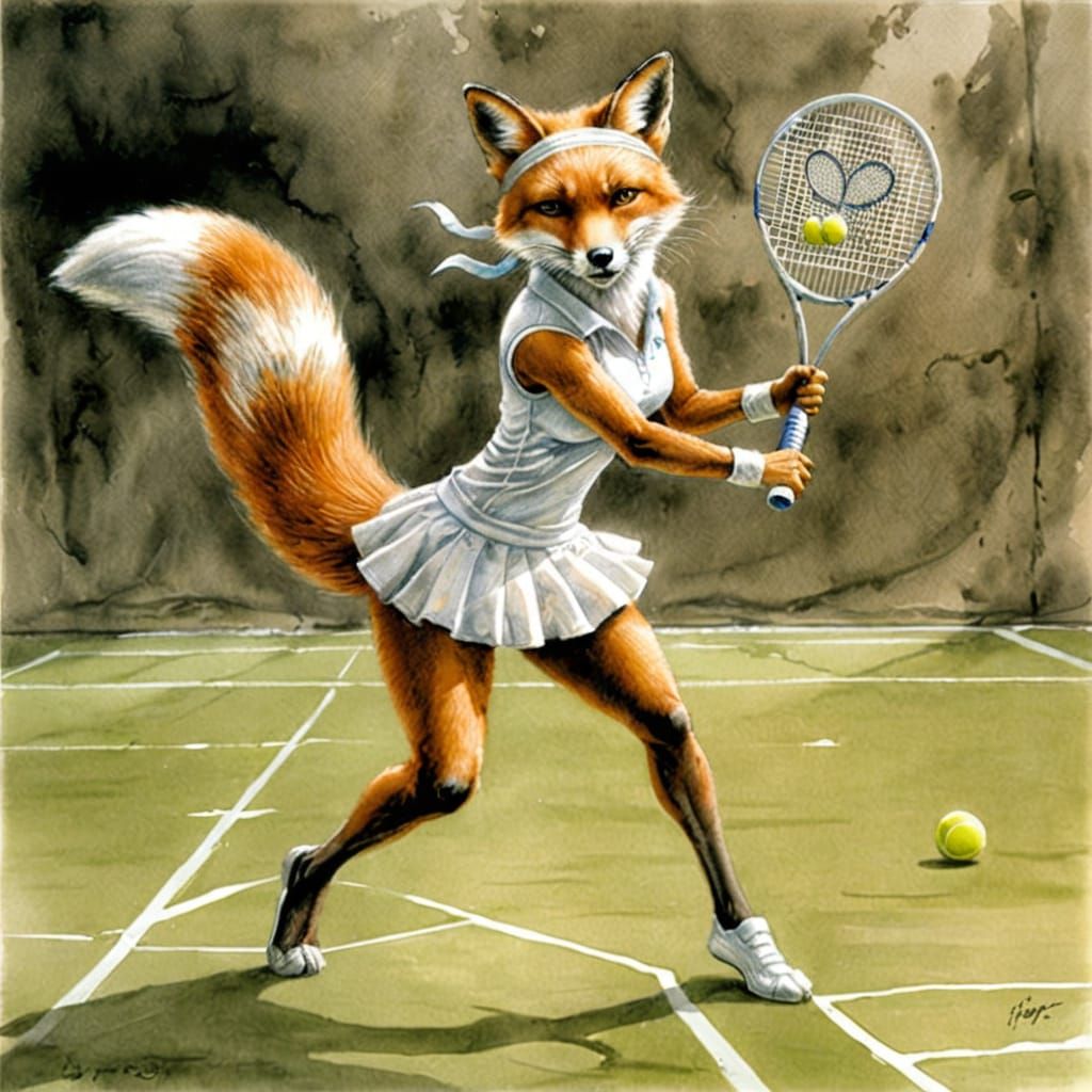 Watercolor by luis royo, female fox playing tennis  by @aiartuser