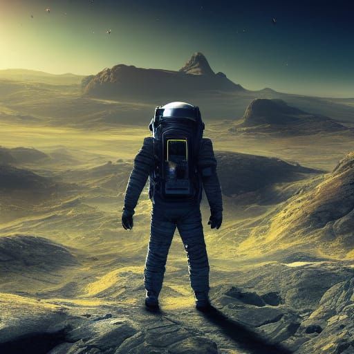 Epic Space Explorer Standing Tall in a Futuristic, Neon-Lit ...