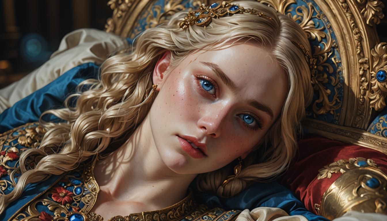 a blue-eyed, blonde girl lies on a rich bed in a mansion, 16...