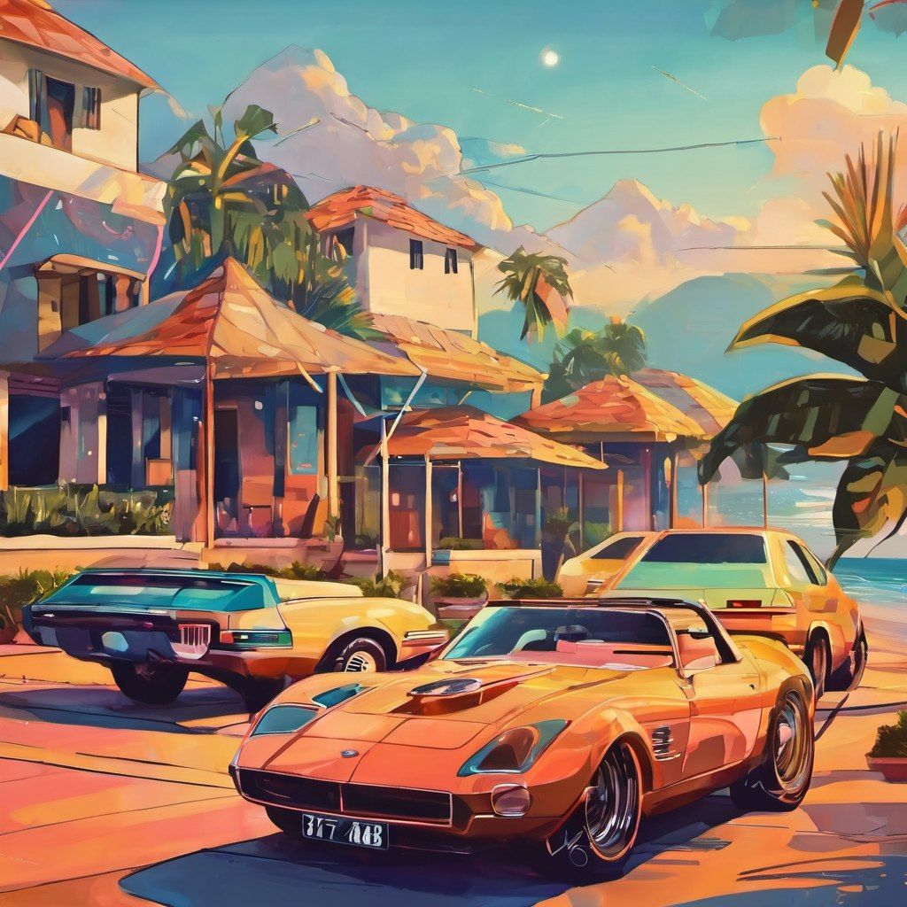 Sports cars at a beach resort