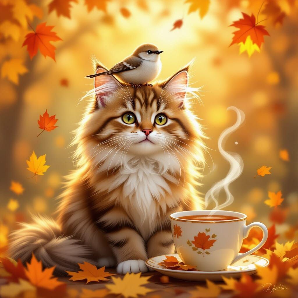 A heartwarming and cozy illustration of a cat and a small bird who are best friends. The fluffy cat, ...  by @Miss Dragons