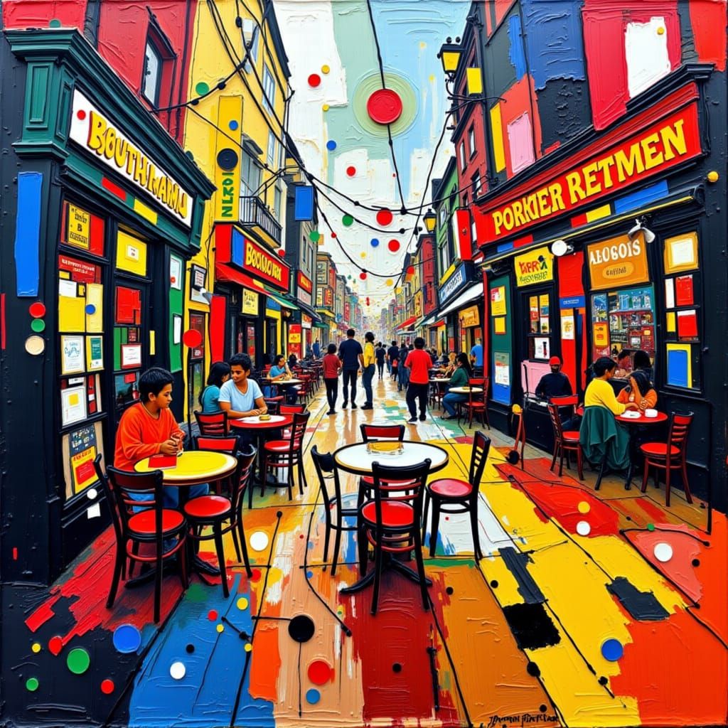 <lora:GazVibrantAbstract:1.0> A London stree cafe in the form of vibrantabstract