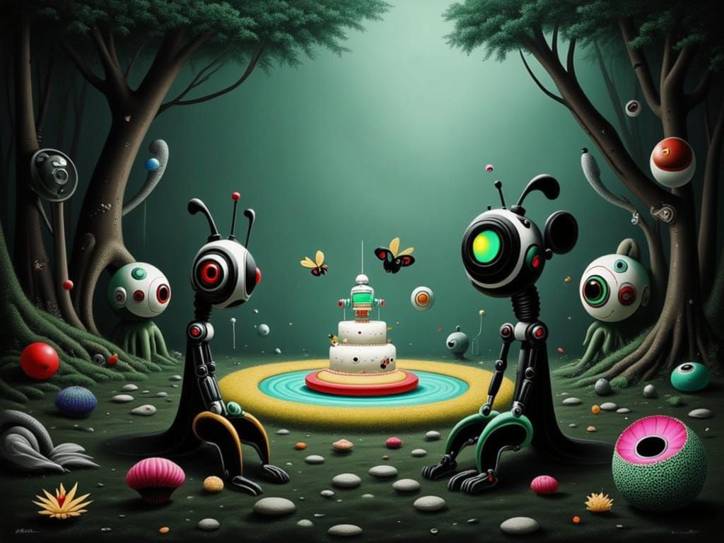 a mysterious birthday gathering deep within a bioluminescent forest, ancient robots covered in moss and flowers forming a circle around a gl...