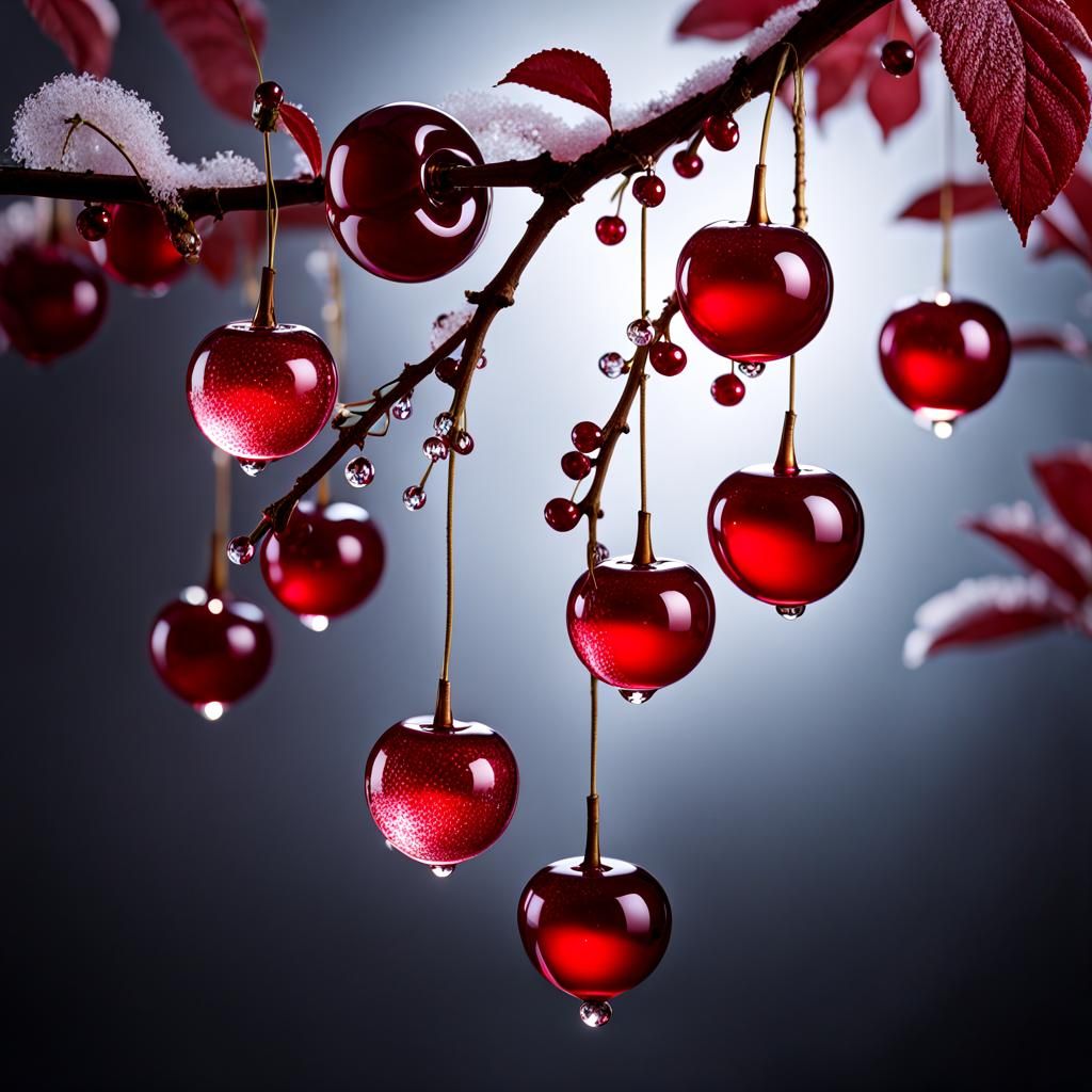 Cherries in Red Glass with Frost and Moonlight